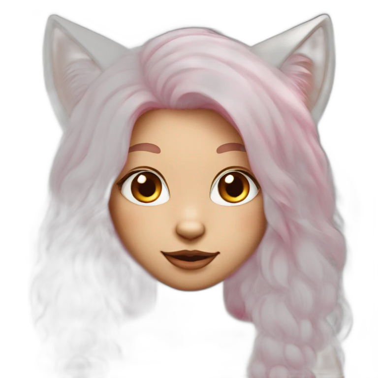 cat girl with long pink hair, brown eyes and white fur emoji