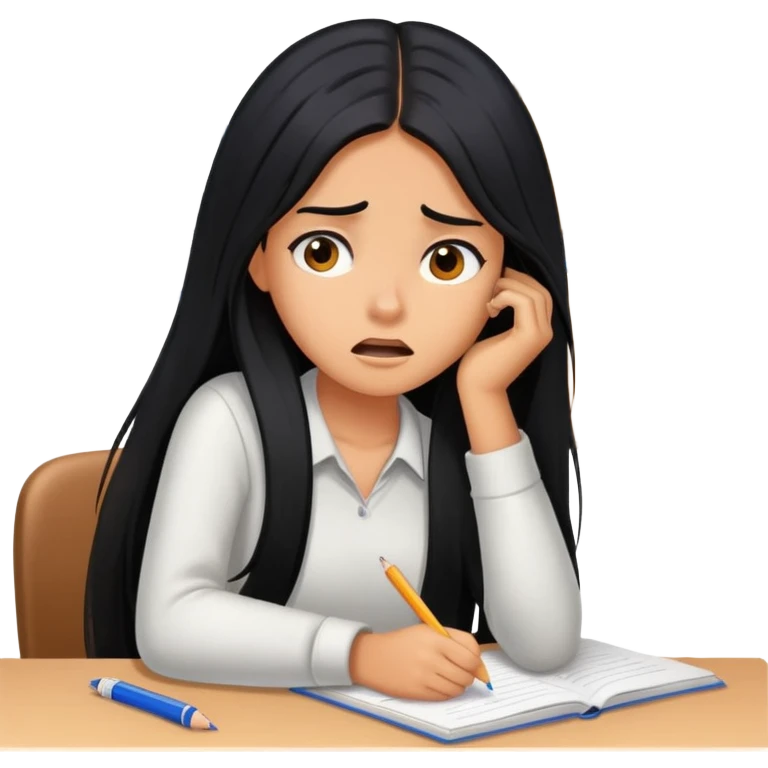 Pretty tanned girl with long black hair, stressed out about homework emoji