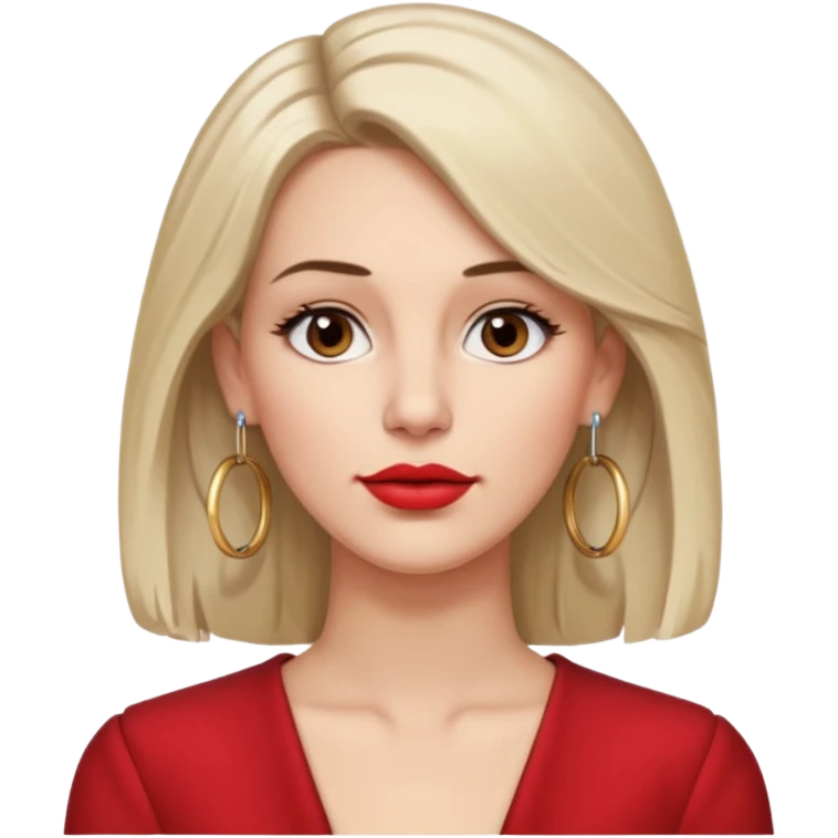 30 year old white woman with shoulder-length hair and brown eyes, left side of her hair tucked behind her ear, wearing lipstick and hoop earrings, neutral expression, upper body portrait emoji