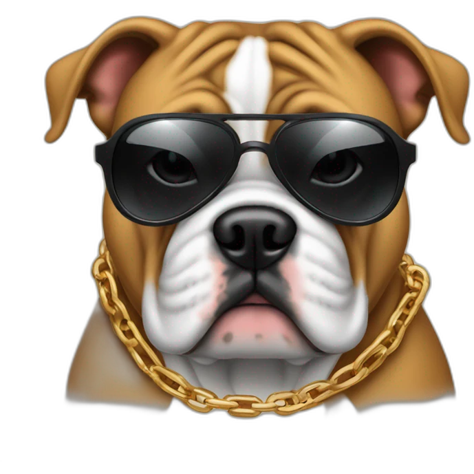 A bull dog wearing a black hoody and it has a sunglasses and a gang chain emoji