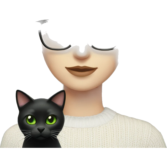 woman with green eyes and glasses with wavy blonde hair in a white cable knit sweater holding a black cat with green eyes  emoji