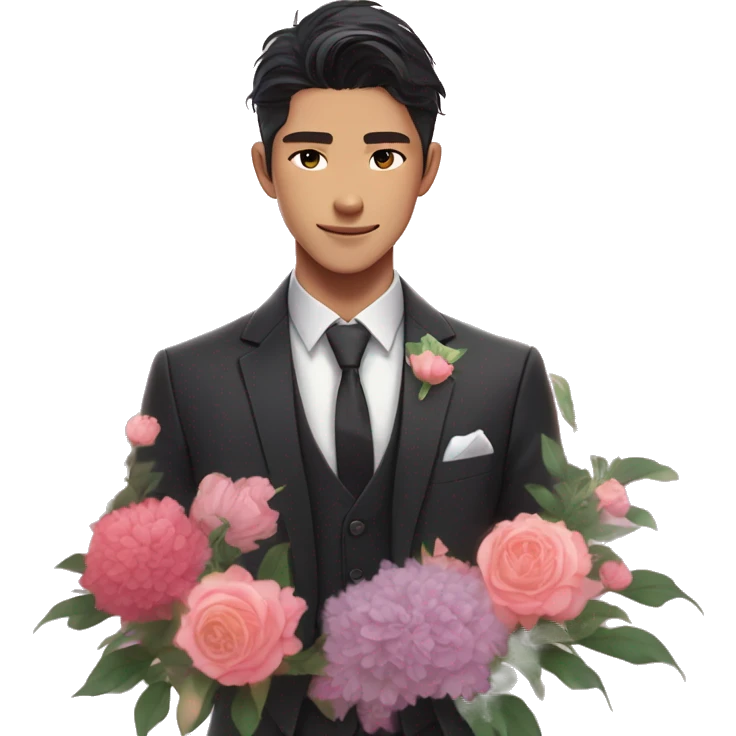 Gorgeous romantic anime style Asian formal modern gentlemanly guy with flowers and blushing face aesthetic trending style outside with colorful gradient colors emoji