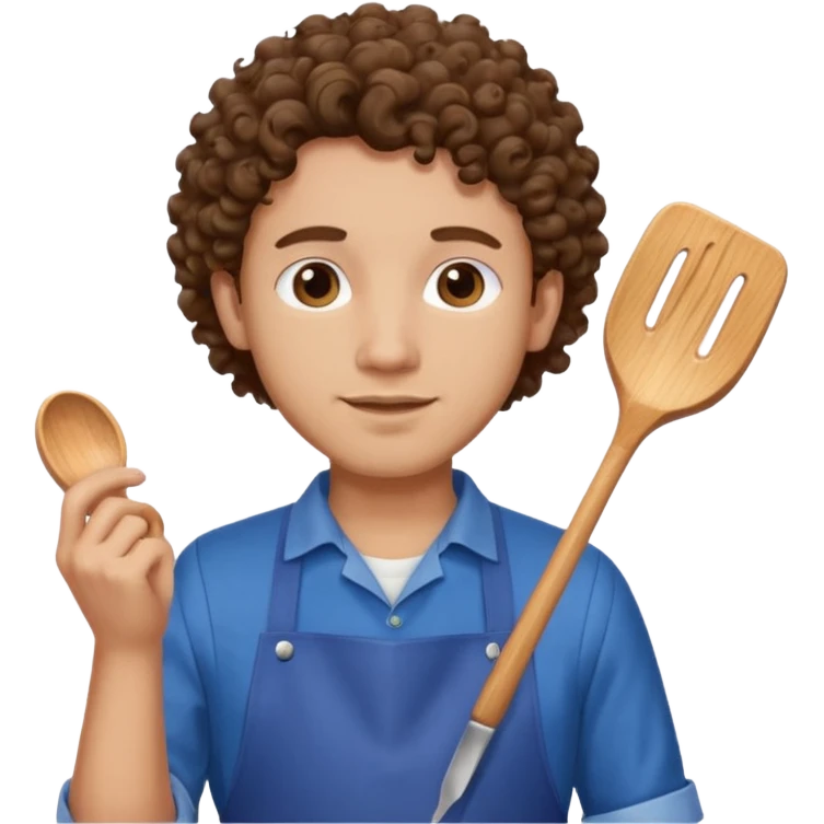 man with curly hair in blue apron emoji