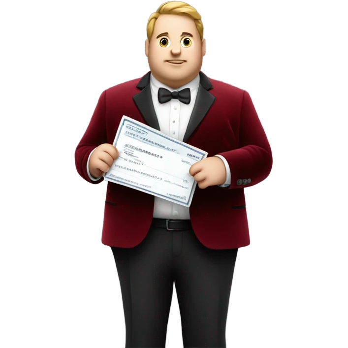 fat guy in dark red velvet suit holding cheque emoji