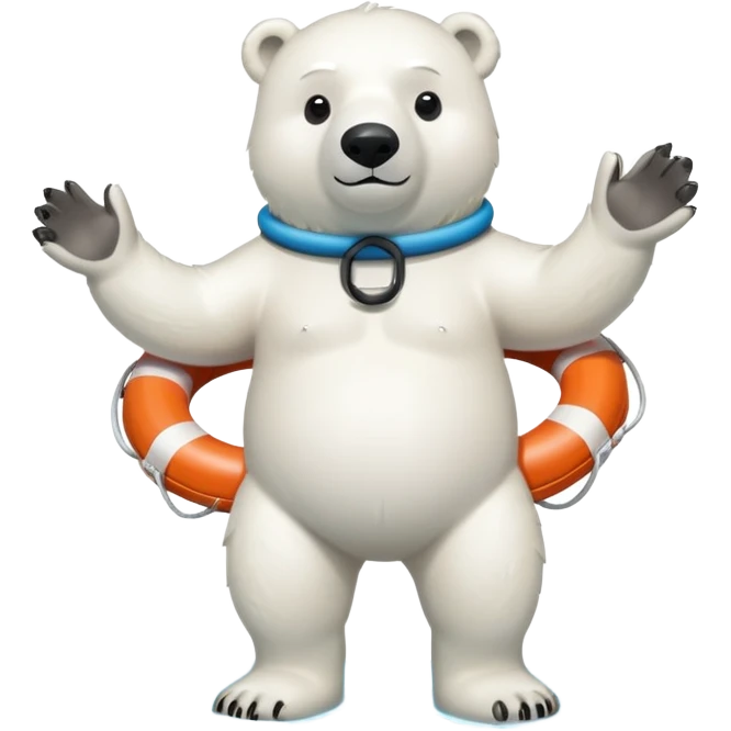 full body friendly anthropomorphised polar bear wearing swim suit and scuba goggles holding life buoy standing in puddle emoji