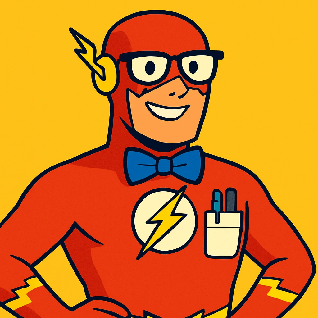 The Flash hero with a bowtie and pocket protector, looking studious, vibrant toon style emoji