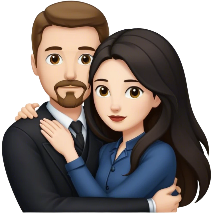 older couple, tall white man with brown hair goatee mustache hugging a pale woman with long black hair, wearing elegant clothing emoji