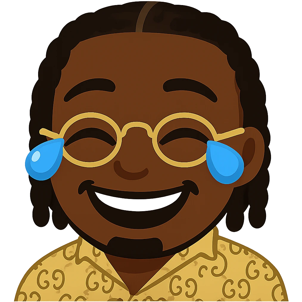 Create an emoji in the style of the provided image, a laughing face with tears of joy, keeping exactly the same dark skin tone, braided hair (same implantation, volume, and shape), golden glasses, patterned shirt, same teeth shape and natural smile as in the reference. Maintain the general emoji style with a transparent background. emoji