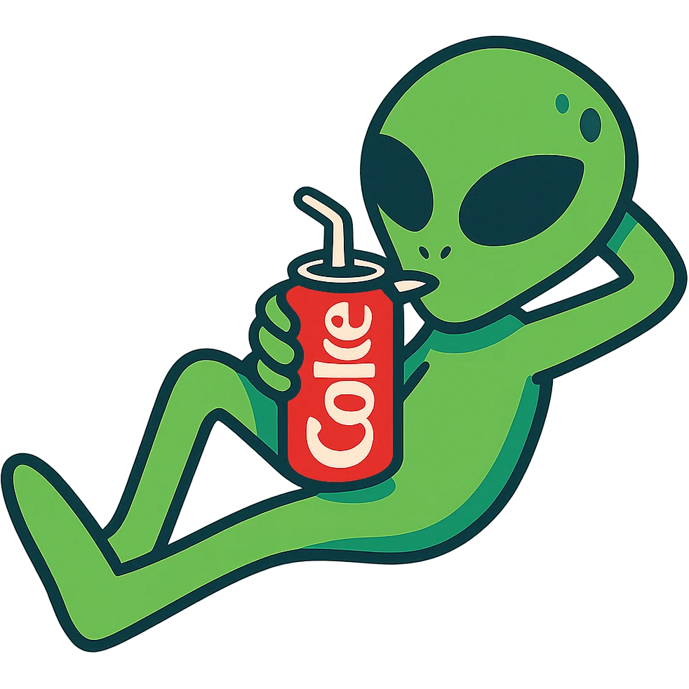 cartoon alien enjoying a cold Coke, relaxed pose emoji