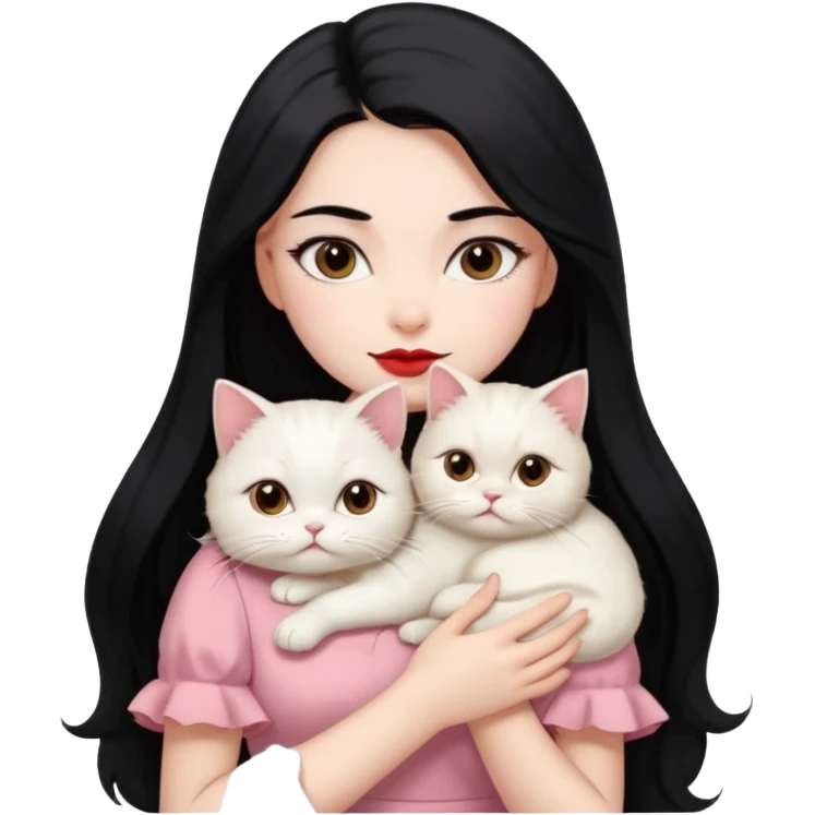 Beautiful Girl Long Hair black, Brows Big , Skin White, Dress Pale Pink , Big Red Lips, EyesCoffe , Hug Little baby Persa Cream Cat With Cute Eyes emoji