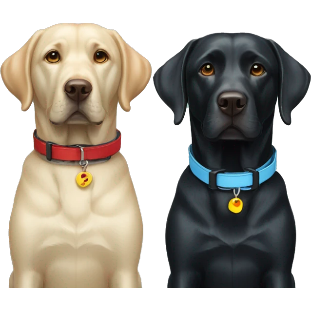 one black labrador with a light blue collar next to one black labrador with red collar emoji