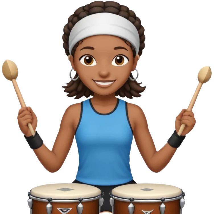 A black girl drummer with a sporty headband and clothes, tapping her drum rhythmically with a grin. emoji