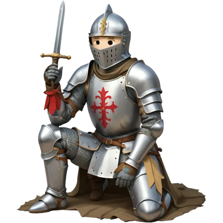 A lone medieval knight in plate, worn armor kneels. His helmet is closed, hiding his face, conveying silence, exhaustion and contemplation. A long sword is planted in the ground beside him, its hilt resting near his gloved hands as if he is praying or resting after battle. emoji