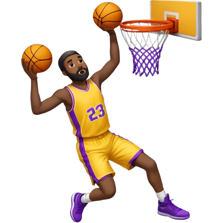 Man with a yellow basketball jersey with a purple number 23 on it. Black man with a beard dunking  emoji