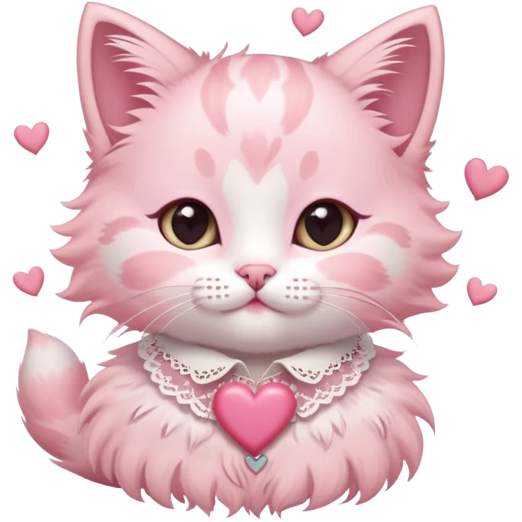 A pastel pink kitten with heart-shaped markings, a lace ribbon collar, surrounded by floating hearts. emoji