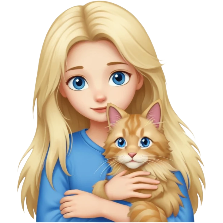 blonde girl blue eyes hugging a Maine Coon emoji