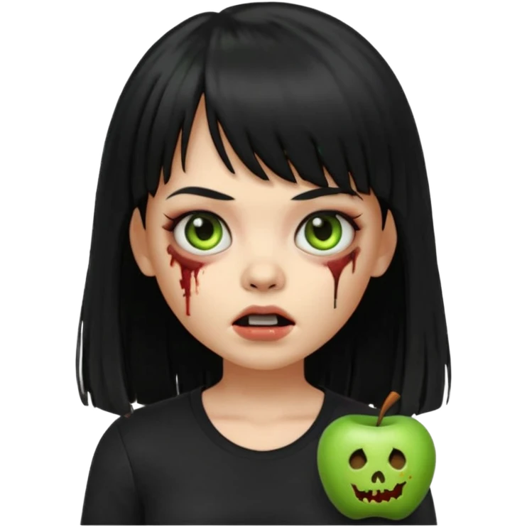 uma garota zumbi no formato Memoji da apple com o cabelo cumprido, preto liso e com franja, blusa preta emoji