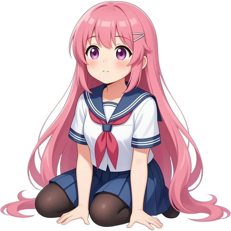 Pink haired anime highschool girl on her knees looking up, make her look old emoji
