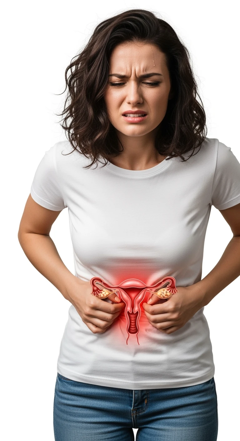 donna a figura intera con utero umano realistico in evidenza dolorante, espressione di dolore in volto, sfondo bianco, non farla computerizzata, ma iperrealistica 4k emoji