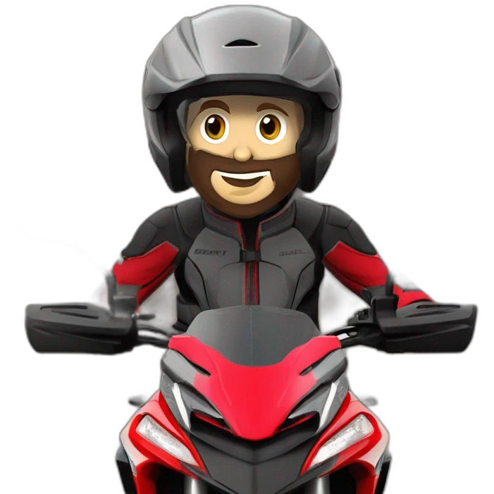 Caricatura Moto Ducati multistrada enduro off road roja y negra con manchas de barro en el depósito y las ruedas. Piloto con casco gris y máscara emoji