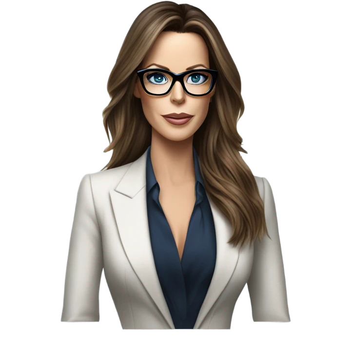 Hyper Realistic photo Kate Beckinsale blue eyes wearing glasses in a business meeting high fashion  emoji