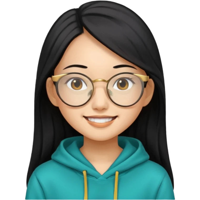 generate a smiling chinese female with long black hair, golden rim glasses, and a teal hoodie emoji