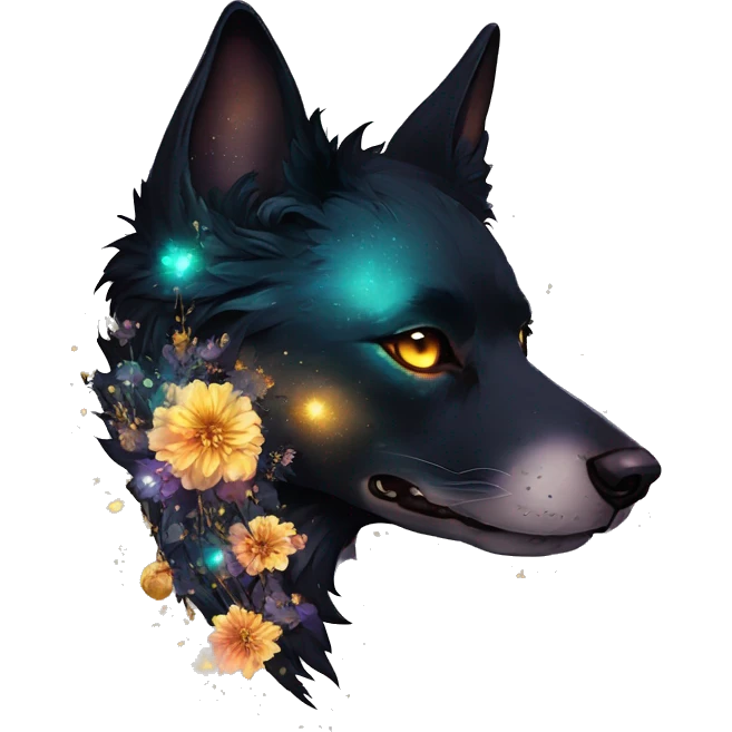 Black iridescent fluffy dog fox head skull zombie skull skeleton gold mechanical steampunk raven wings nebula galaxy stars colorful flowers fairy lights vintage emoji