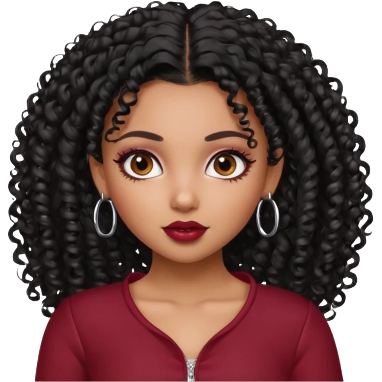 a pretty bratz dusky girl with curly black hair, kajal under eyes, small silver hoop. dark red full sleeve emoji