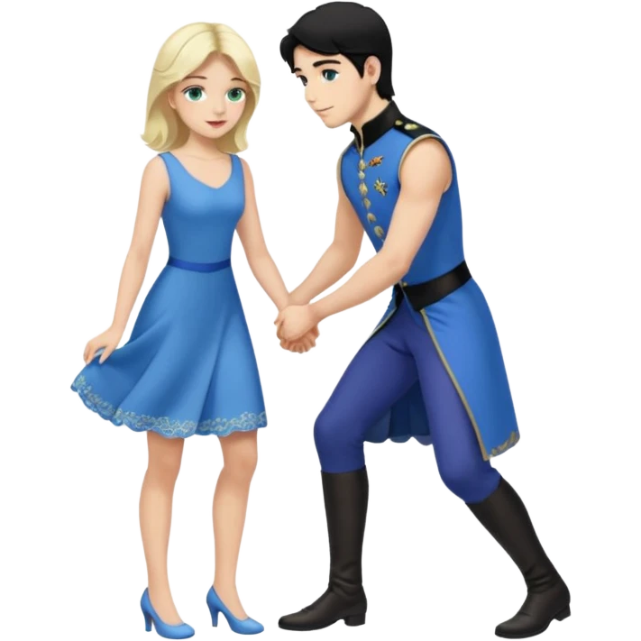 prince, black hair, blue eyes, blue garment,  Woman, blonde Hair, green eyes, bending knee, sleveless white dress, emoji