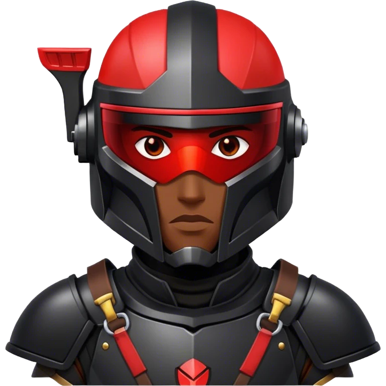 A futuristic man bounty hunter in sleek black armor, glowing red visor in the dark emoji
