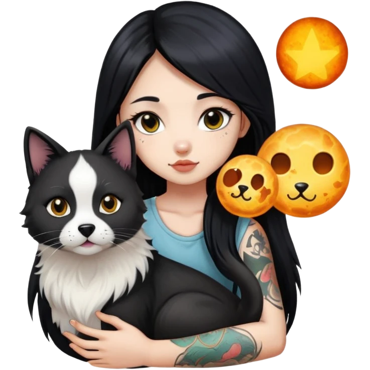 a Chinese girl with long black  straight hair and tattoos and A meteorite border collie and a black round faced cat emoji