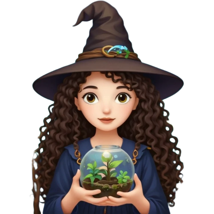 A long curly haired brunette girl with a moon, witch hat, holding a plant terrarium emoji