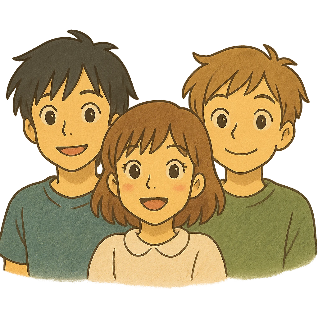 Anime-style emoji blending Hiro, Miamur, and Kanata Asai in a Ghibli-inspired art style emoji