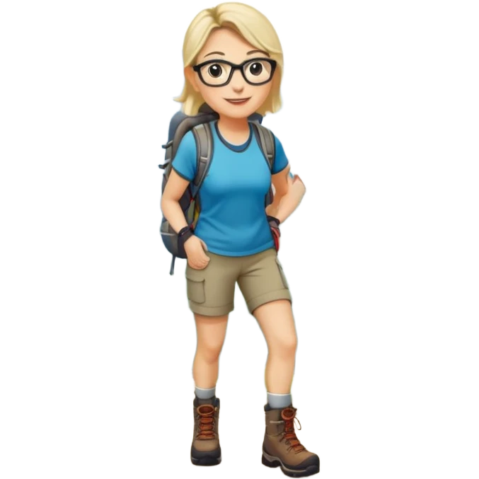 Woman in her 40s with glasses wearing sporty outfit, hiking boots, and backpack looking happy and curious emoji