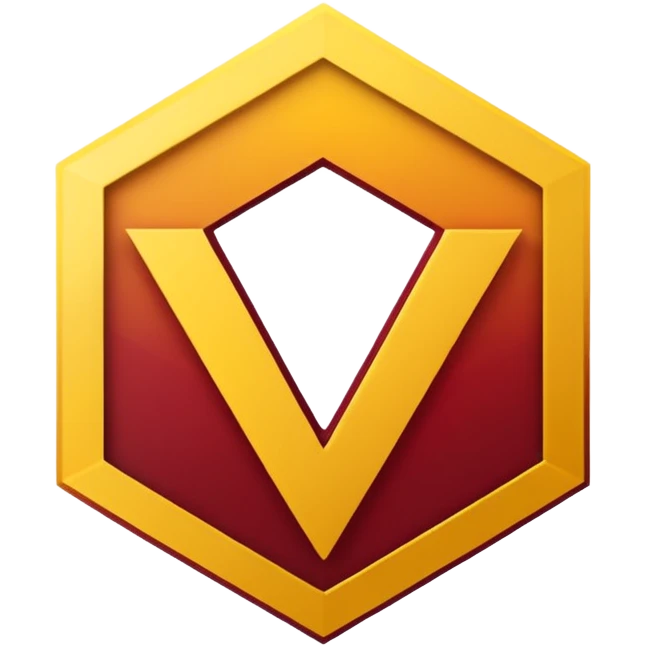 hexagon emblem with a thick yellow-to-gold outline and a dark red gradient inside. In the center, place a bold capital letter V in the same yellow-to-gold gradient as the outline. Keep the shapes clean and geometric, with smooth color transitions and no background color. emoji