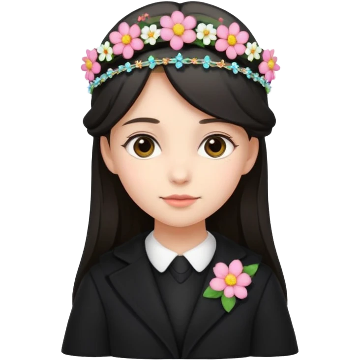 cute beautiful girl wearing black coat law student dress code with flower tiara on head emoji