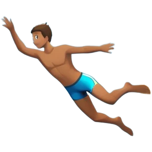 A diver mid-air, plunging from a high cliff into the sparkling ocean below. The background features rugged cliffs, clear blue water, and a bright sky, emphasizing the excitement and danger of the sport with a sense of freedom and adventure. emoji