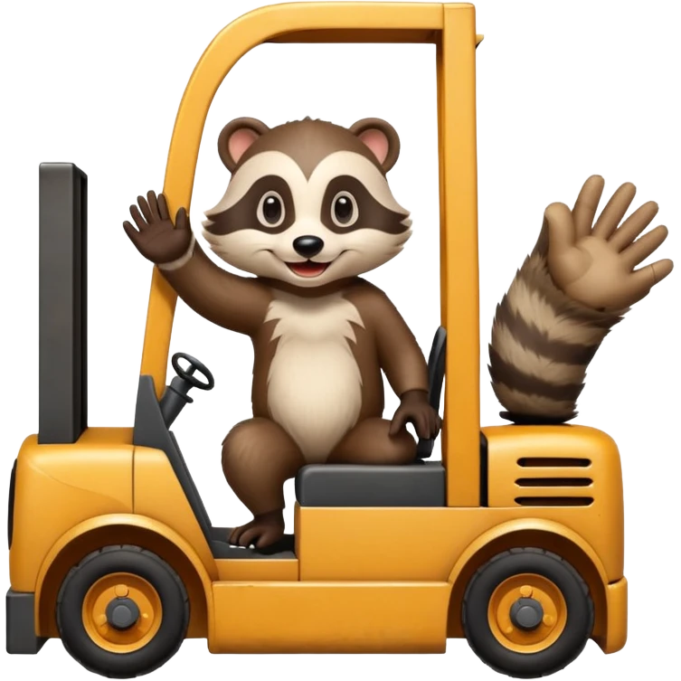 A happy, smiling badger driving a forklift while waving with one hand emoji