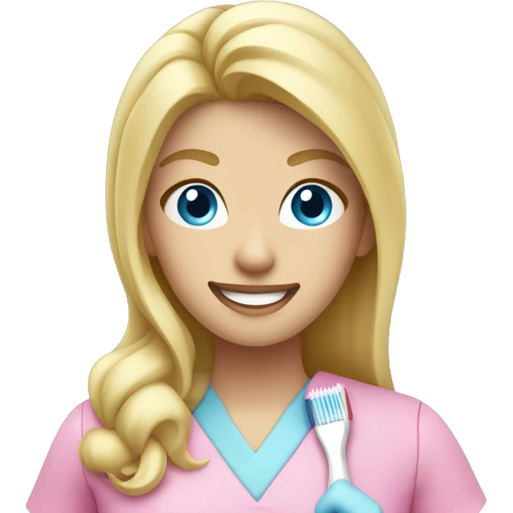 blonde dentist with blue eyes pink scrubs and holding tooth brush emoji