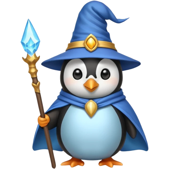 penguin dressed as a wizard, with a pointed hat and a magic staff, cute emoji style emoji