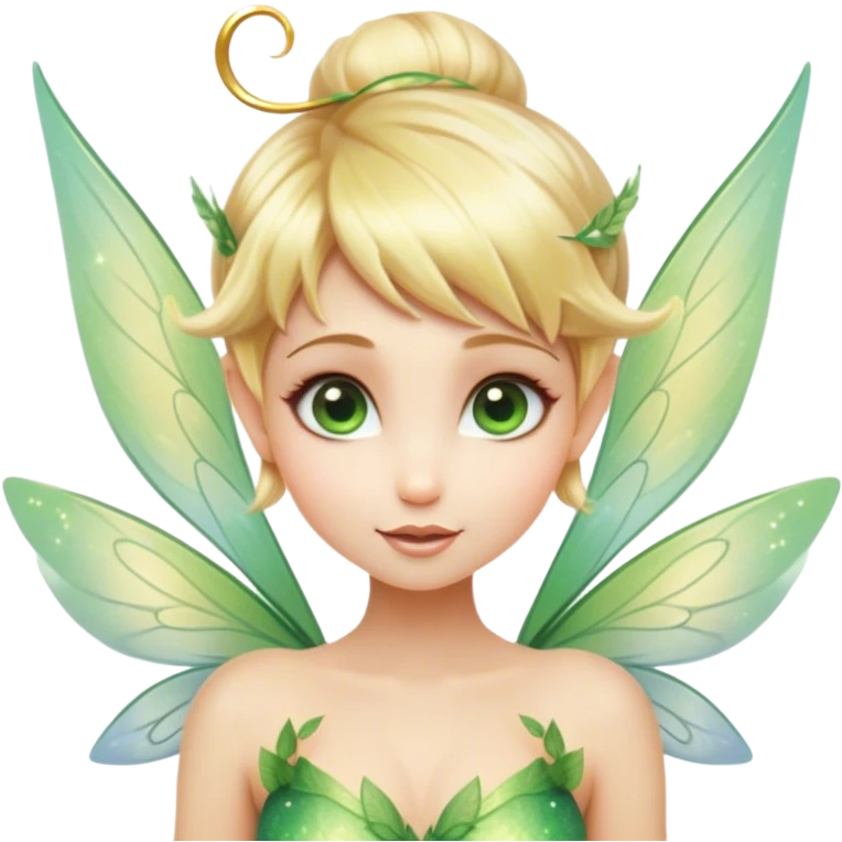 Cinematic Realistic Blonde Tinker Bell Fairy Portrait, depicted with lifelike, delicate skin glowing with a subtle radiant aura, soft natural lighting accentuating her gentle features, and intricately detailed golden blonde hair styled in a whimsical pixie cut. Her iridescent, translucent wings shimmer with delicate fairy dust, and her expressive, sparkling eyes reflect a world of magic. Adorned in a subtle blend of woodland greens and soft pastel accents, the portrait exudes an enchanting glow that seamlessly merges realism with fairy charm. emoji