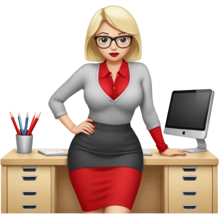 Blond lady.big boobs.glasses.short skirt.no shirt .cleavage .red lipstick .bending over desk forward showing ass.being horny emoji