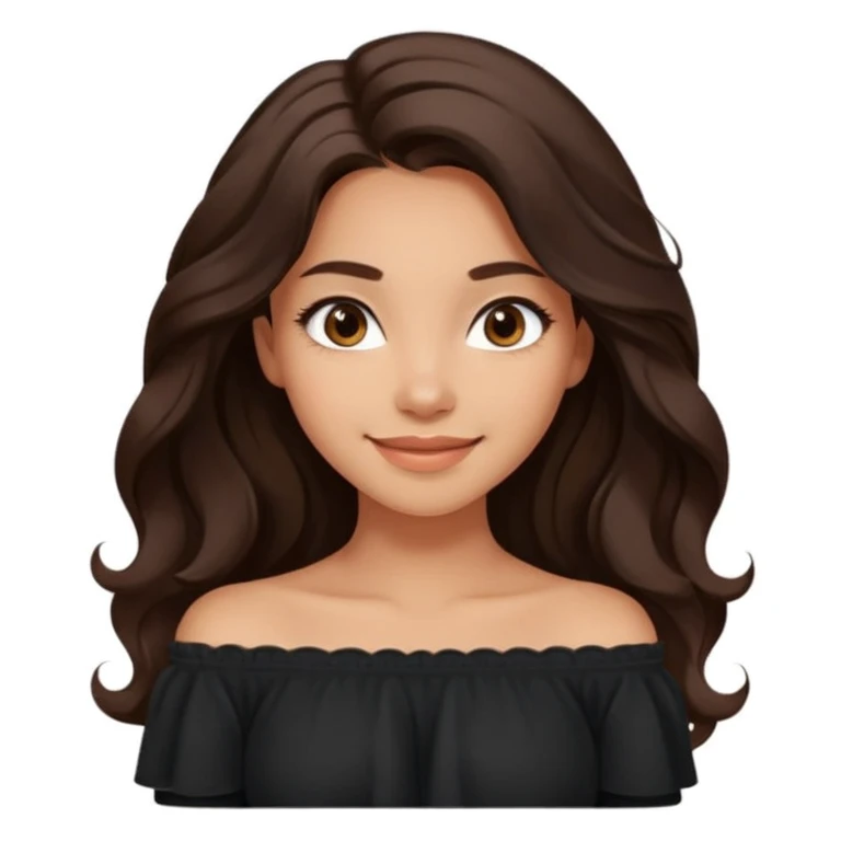 modern emoji of a young woman with medium skin tone, long wavy dark brown hair, black off-shoulder top, soft friendly smile, expressive eyes, clean warm charming style, relaxed confidence, light neutral color background emoji