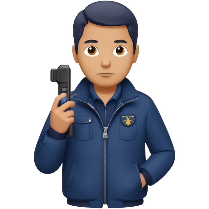 Security, Middle-aged, wearing navy blue jacket, serious facial expression, holding walkie-talkie, full body emoji