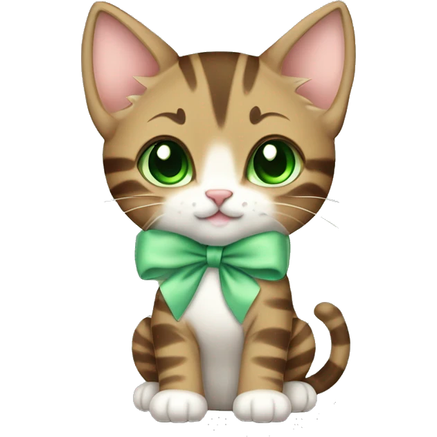 extremely cute kawaii brown tabby kitten with green eyes and pastel green bow full body emoji