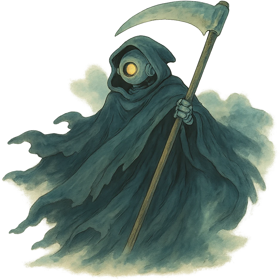 ghibli style AI robot as the Grim Reaper with flowing cloak, ethereal atmosphere, holding a scythe emoji