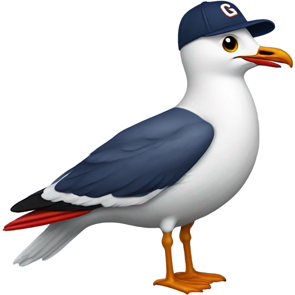Seagull with wearing navy color baseball cap emblazoned with a red G initial emoji