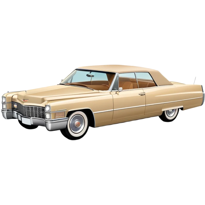 Minimalist beige 1966 Cadillac DeVille, simplified clean lines, 30-degree view, reduced details, essential features only, iconic silhouette, Once Upon a Hollywood inspired, iOS emoji style emoji