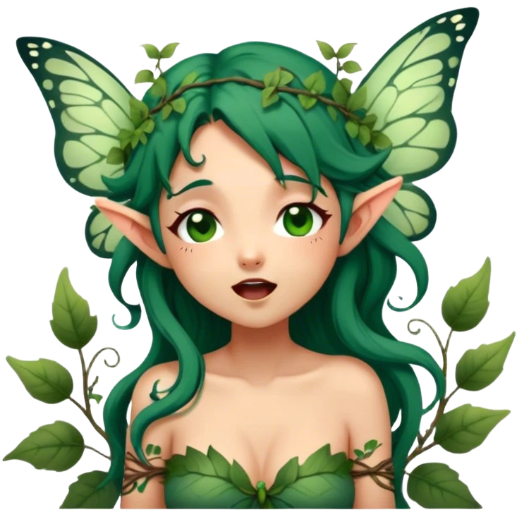 Cinematic Realistic Forest Nymph Fairy Portrait, head tilted slightly with a dramatic, wide-open yawn, revealing a tender, relaxed visage with finely detailed tanned skin and flowing, vine-adorned dark green hair gently framing her face. Her sleepy eyes exude a serene, dreamlike quality as soft natural sunlight filters through the canopy, showing her large butterfly wings from her back capturing the essence of a drowsy yet captivating forest nymph drifting into peaceful slumber. emoji