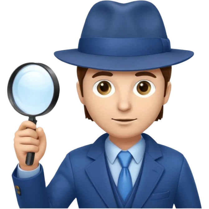 detective in blue suit and blue hat brown hair white skin with big mangifier in his hand looking trough the magifier emoji